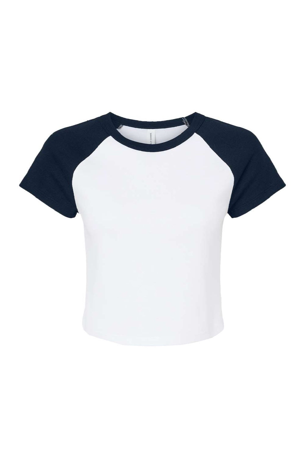Bella + Canvas BC1201/1201 Womens Micro Ribbed Raglan Short Sleeve Crewneck Baby T-Shirt White/Navy Blue Flat Front