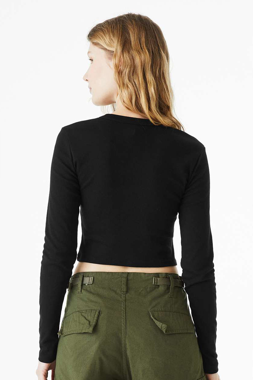 Bella + Canvas 1501 Womens Micro Rib Long Sleeve Crewneck T-Shirt Solid Black Blend Model Back