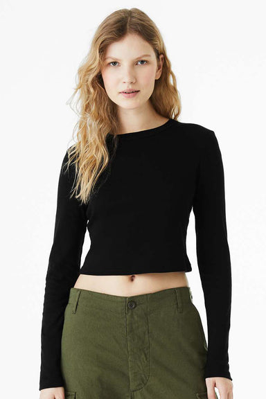 Bella + Canvas 1501 Womens Micro Rib Long Sleeve Crewneck T-Shirt Solid Black Blend Model Front