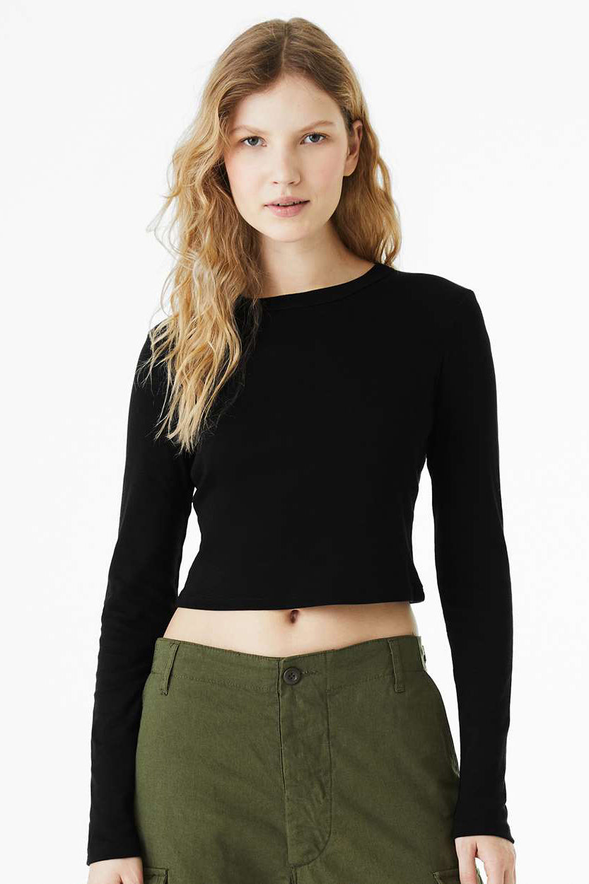 Bella + Canvas 1501 Womens Micro Rib Long Sleeve Crewneck T-Shirt Solid Black Blend Model Front