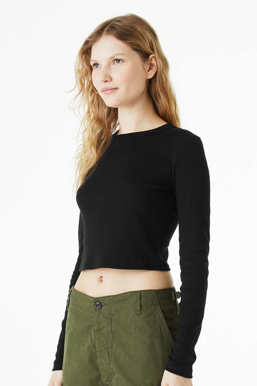 Bella + Canvas 1501 Womens Micro Rib Long Sleeve Crewneck T-Shirt Solid Black Blend Model Side