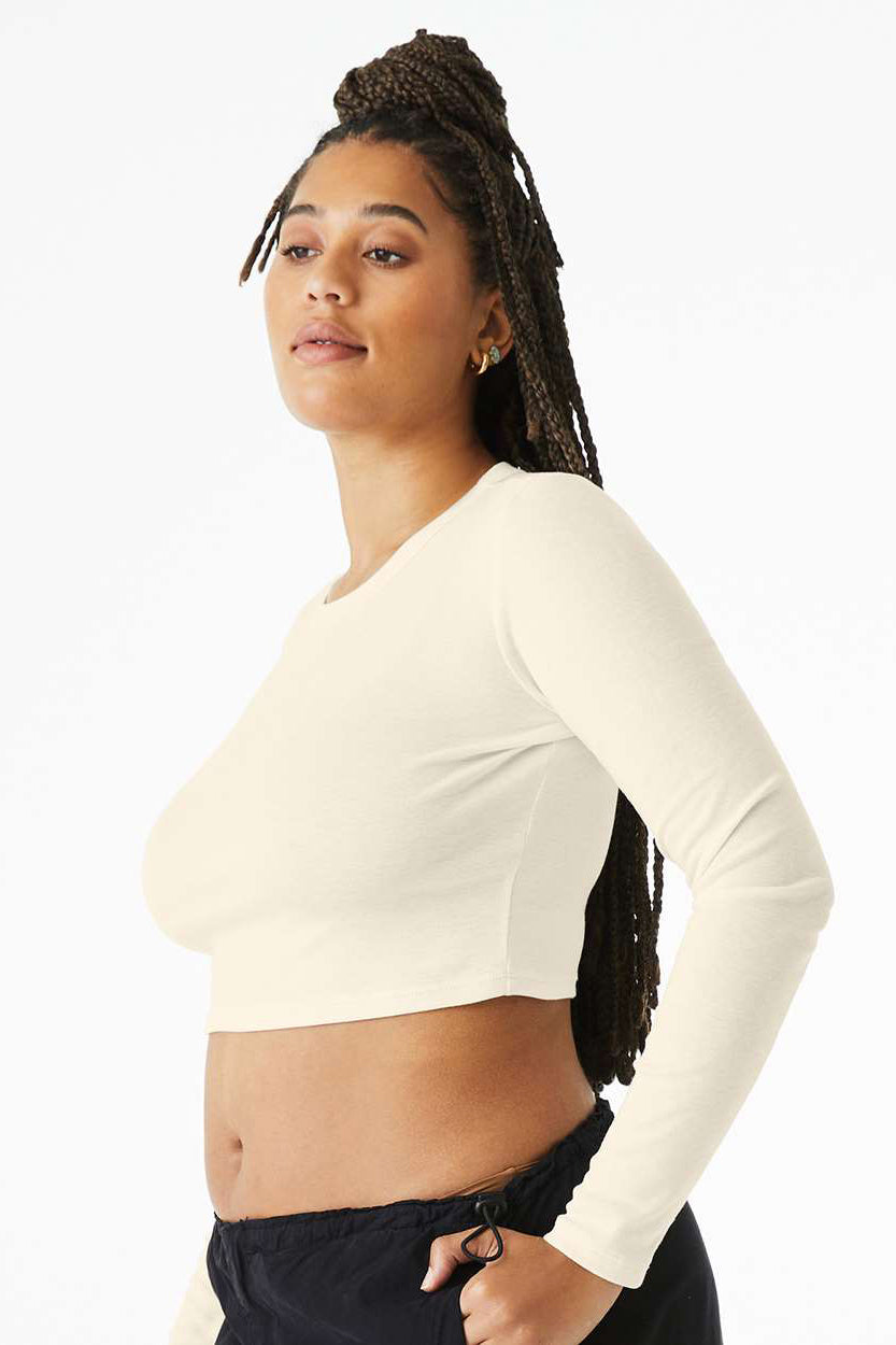 Bella + Canvas 1501 Womens Micro Rib Long Sleeve Crewneck T-Shirt Solid Natural Blend Model Side