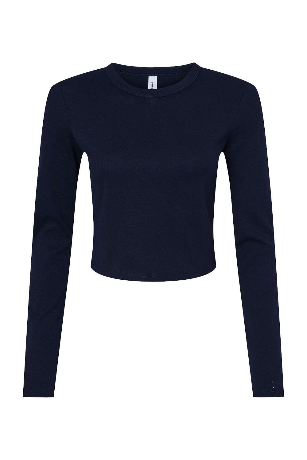 Bella + Canvas 1501 Womens Micro Rib Long Sleeve Crewneck T-Shirt Solid Navy Blue Blend Flat Front