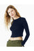 Bella + Canvas 1501 Womens Micro Rib Long Sleeve Crewneck T-Shirt Solid Navy Blue Blend Model Side