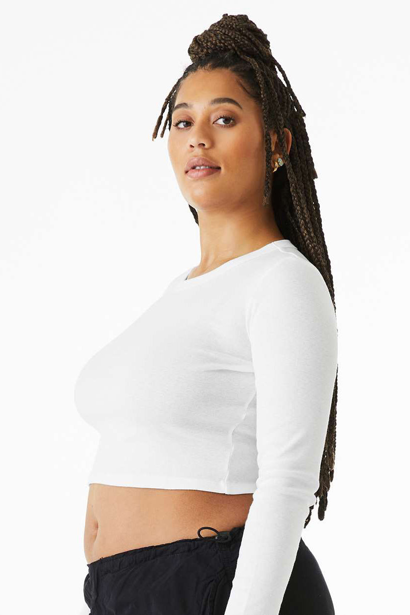 Bella + Canvas 1501 Womens Micro Rib Long Sleeve Crewneck T-Shirt Solid White Blend Model Side