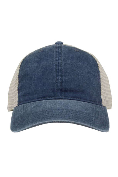 The Game GB460 Mens Pigment Dyed Trucker Hat Navy Blue/Stone Flat Front