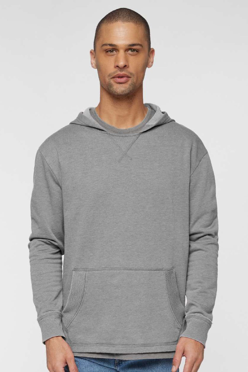 LAT 6936 Mens Vintage Wash Fleece Hooded Sweatshirt Hoodie w/ Pouch Pocket Washed Grey Model Front