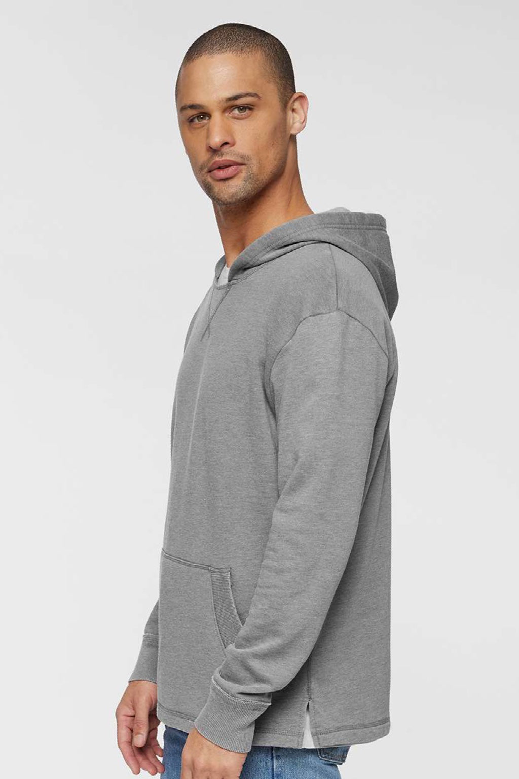 LAT 6936 Mens Vintage Wash Fleece Hooded Sweatshirt Hoodie w/ Pouch Pocket Washed Grey Model Side