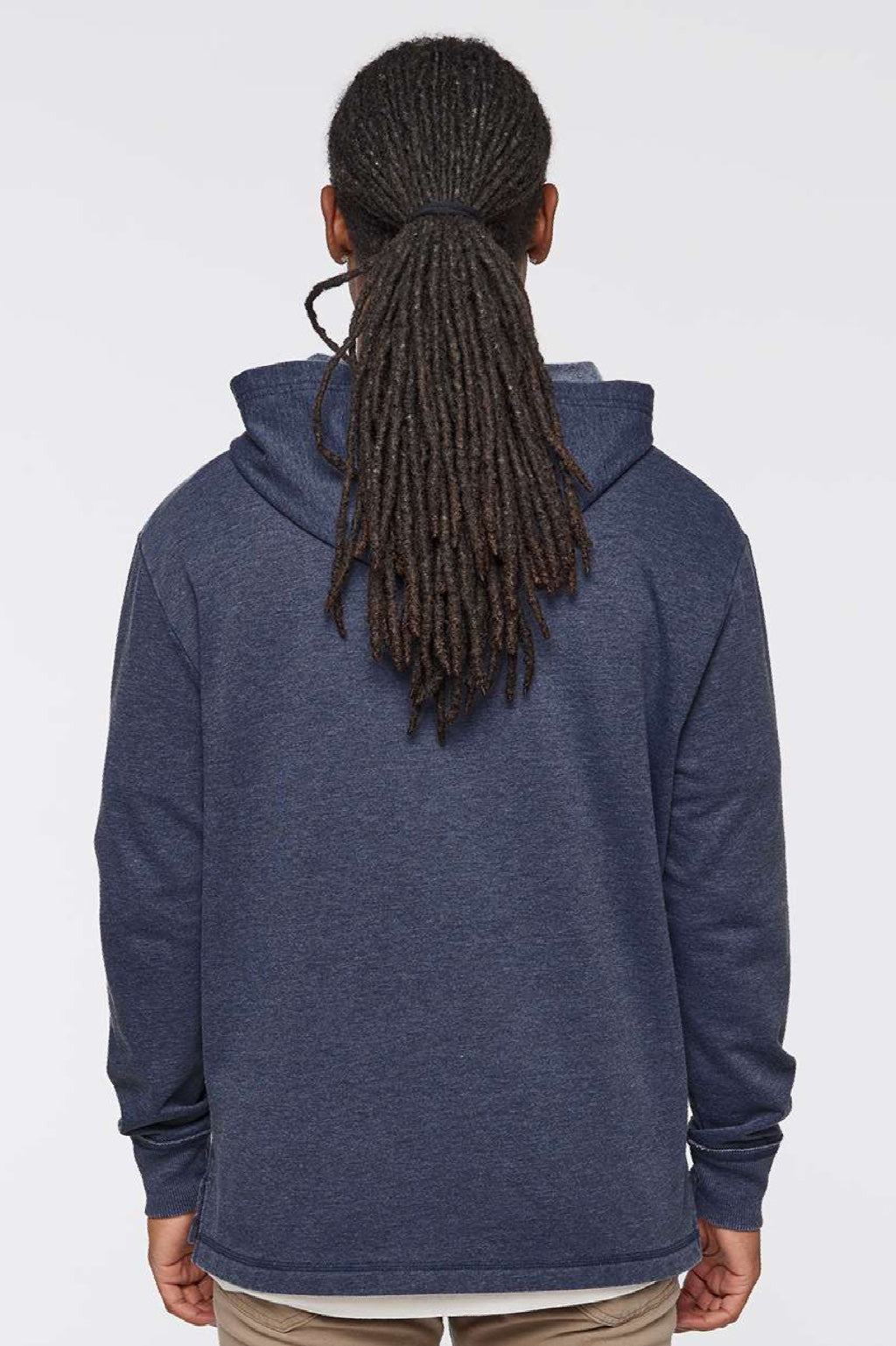 LAT 6936 Mens Vintage Wash Fleece Hooded Sweatshirt Hoodie w/ Pouch Pocket Washed Navy Blue Model Back
