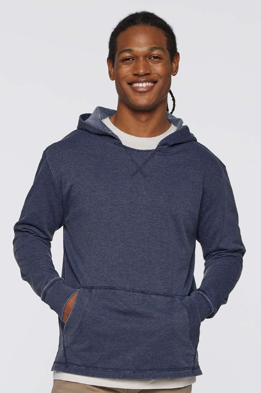 LAT 6936 Mens Vintage Wash Fleece Hooded Sweatshirt Hoodie w/ Pouch Pocket Washed Navy Blue Model Front