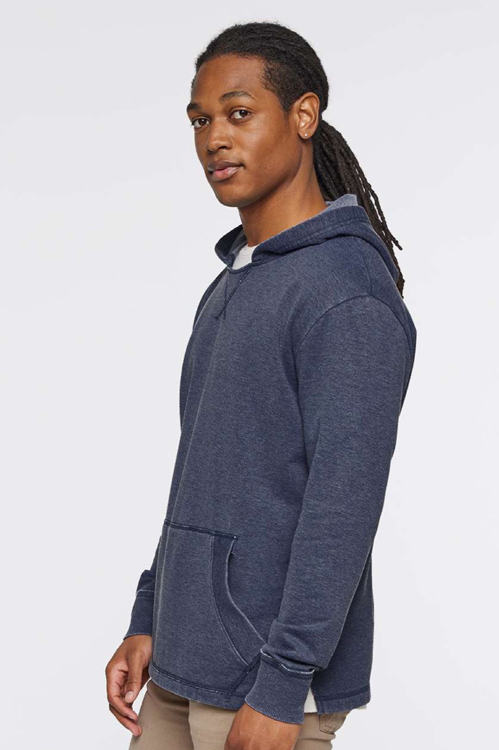 LAT 6936 Mens Vintage Wash Fleece Hooded Sweatshirt Hoodie w/ Pouch Pocket Washed Navy Blue Model Side