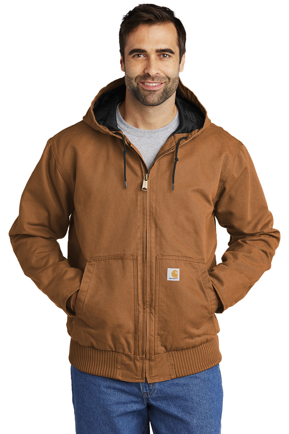 Carhartt CT104050/CTT104050 Mens Active Washed Duck Full Zip Hooded Jacket Carhartt Brown Model Front