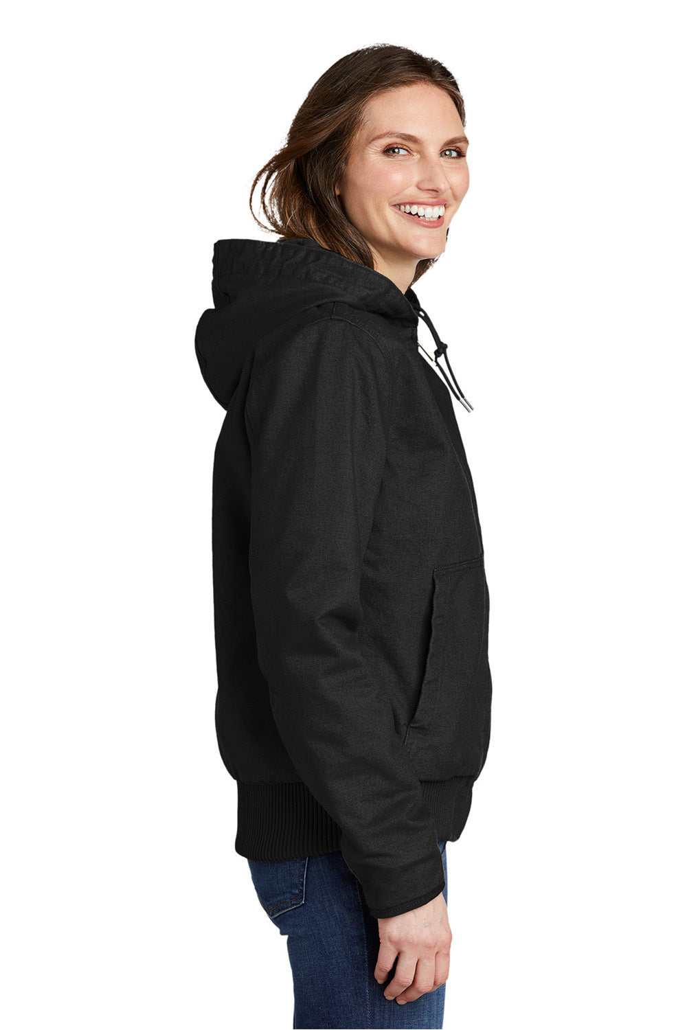 Carhartt CT104053 Womens Active Washed Duck Full Zip Hooded Jacket Black Model Side