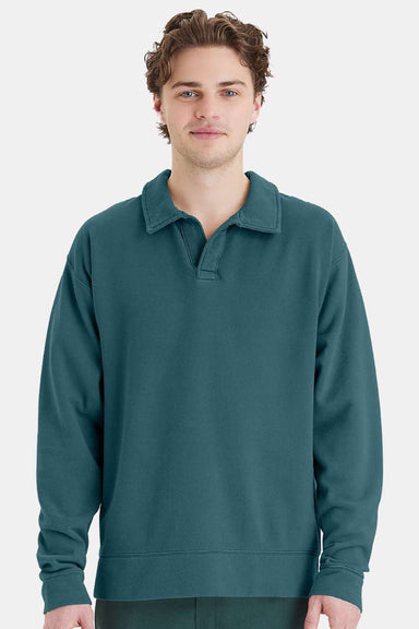 ComfortWash By Hanes GDH490 Mens Garment Dyed Polo Collar Sweatshirt Cactus Green Model Front