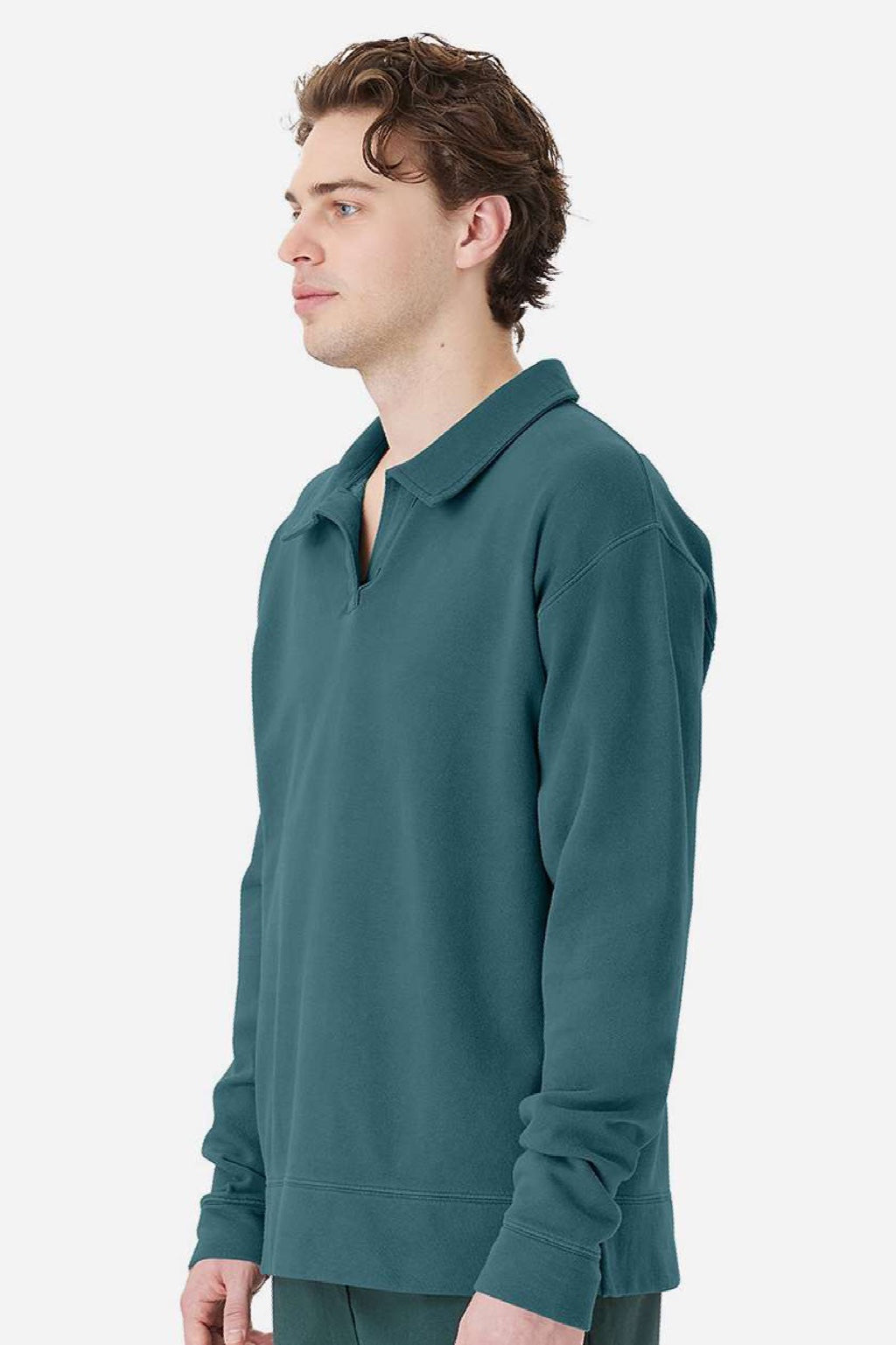 ComfortWash By Hanes GDH490 Mens Garment Dyed Polo Collar Sweatshirt Cactus Green Model Side