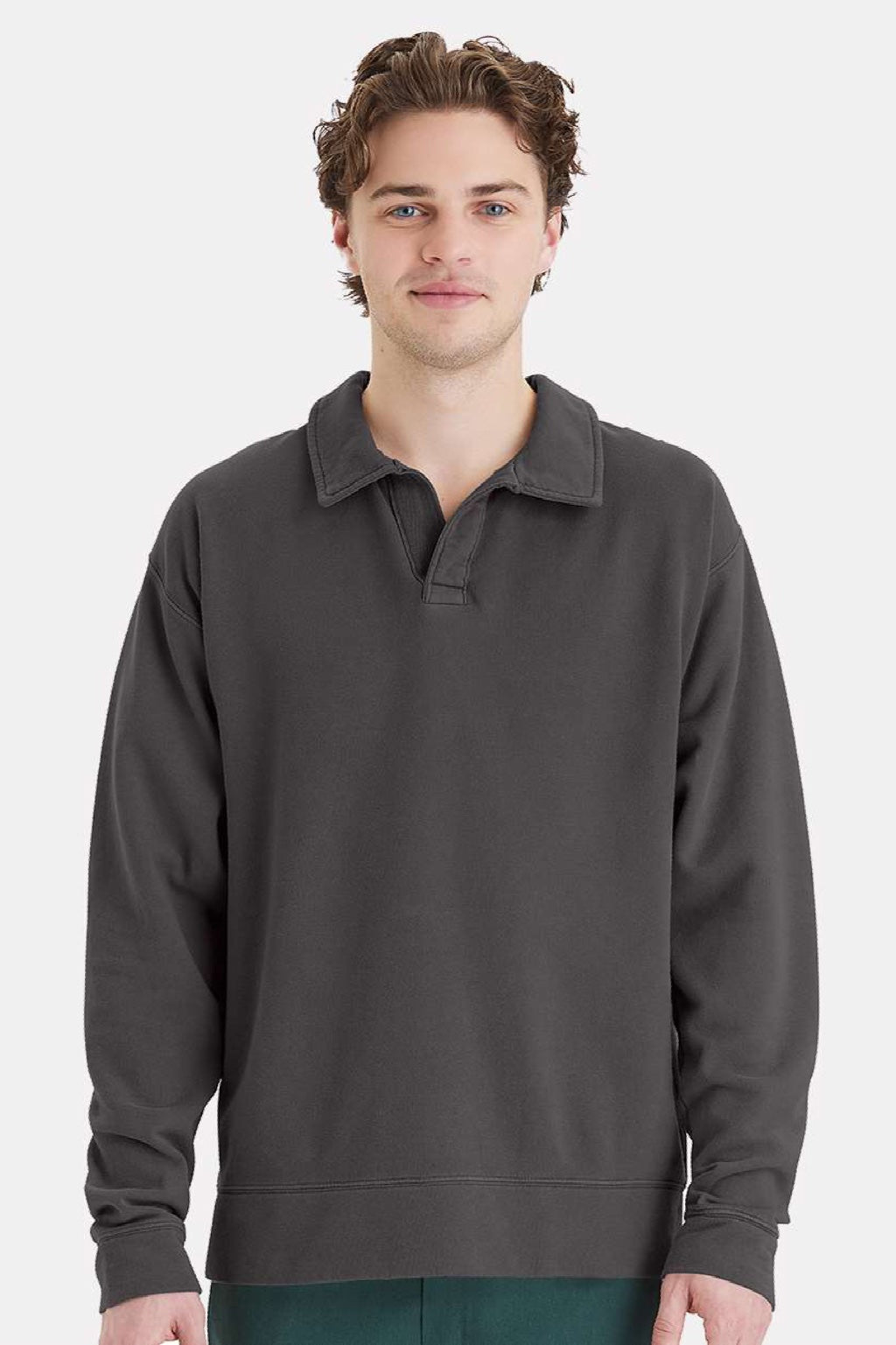 ComfortWash By Hanes GDH490 Mens Garment Dyed Polo Collar Sweatshirt New Railroad Grey Model Front