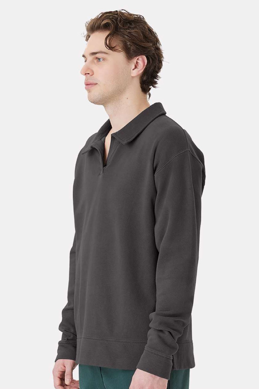 ComfortWash By Hanes GDH490 Mens Garment Dyed Polo Collar Sweatshirt New Railroad Grey Model Side