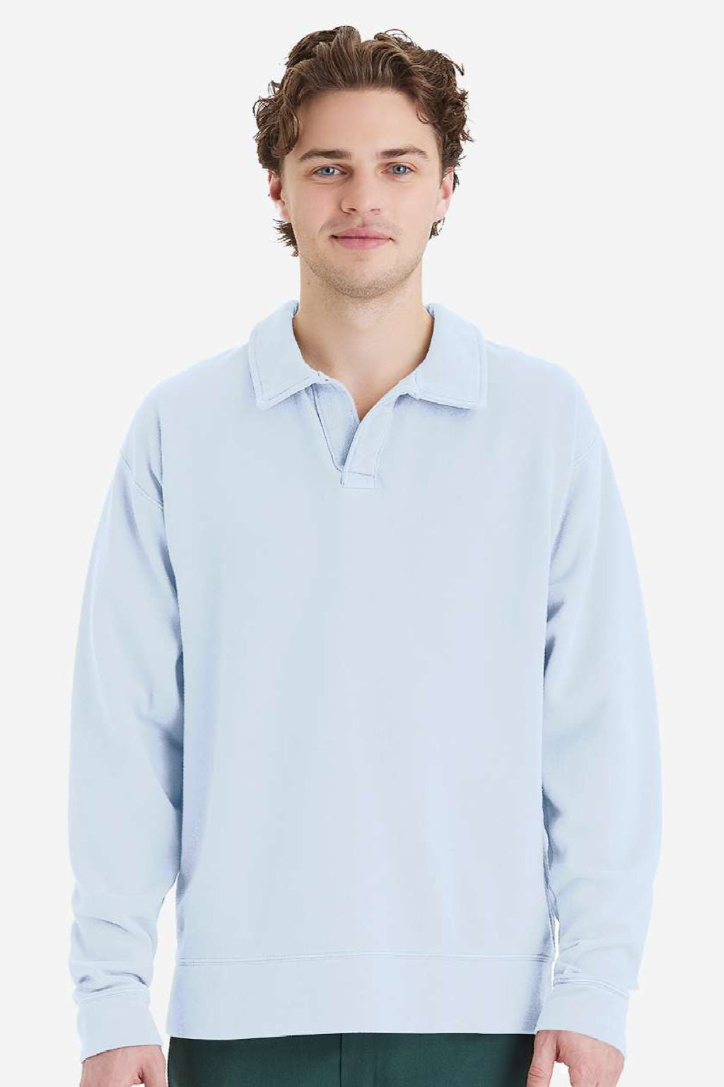 ComfortWash By Hanes GDH490 Mens Garment Dyed Polo Collar Sweatshirt Soothing Blue Model Front