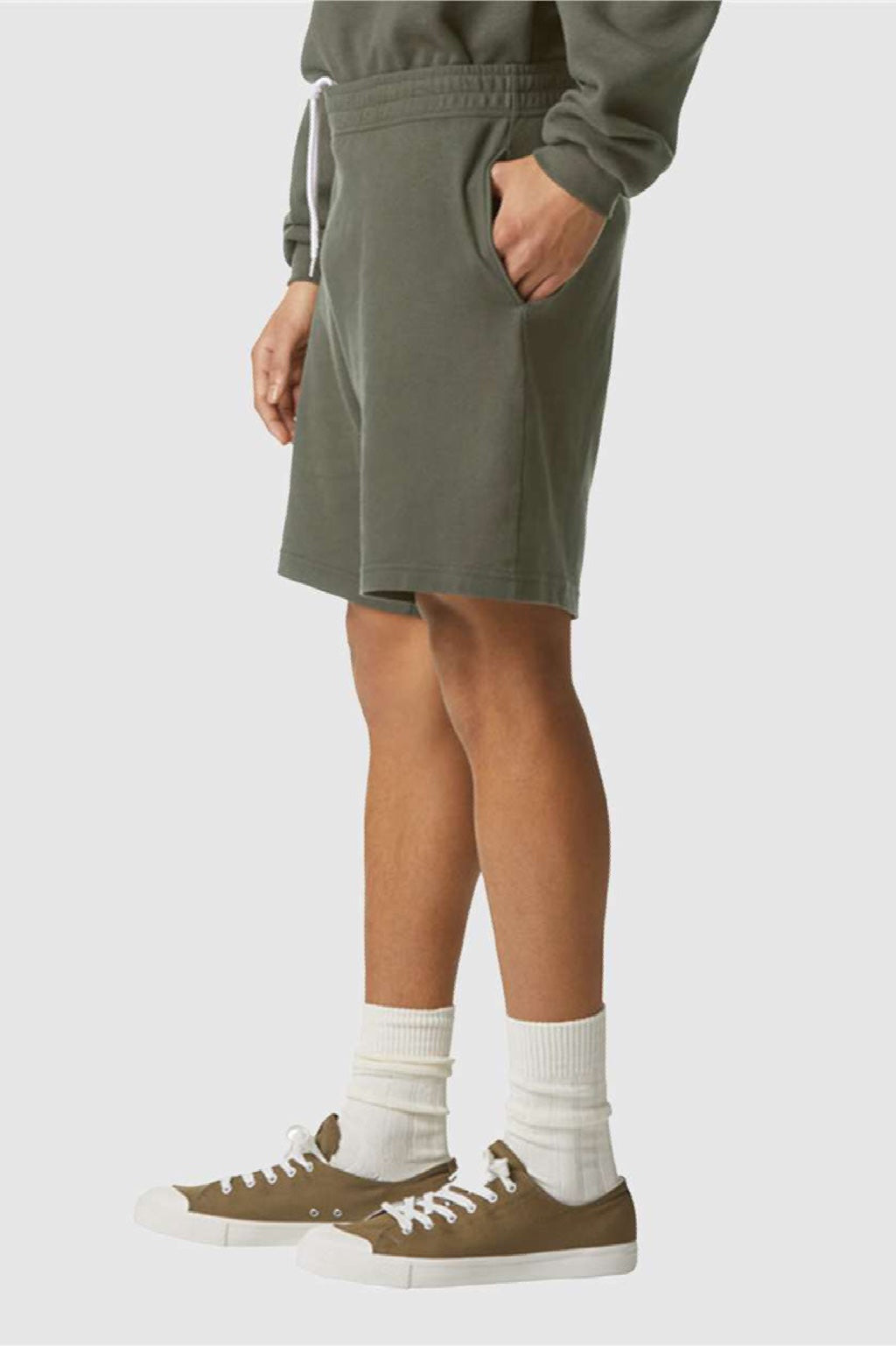 American Apparel 2PQ Mens Gym Shorts w/ Pockets Lieutenant Green Model Side