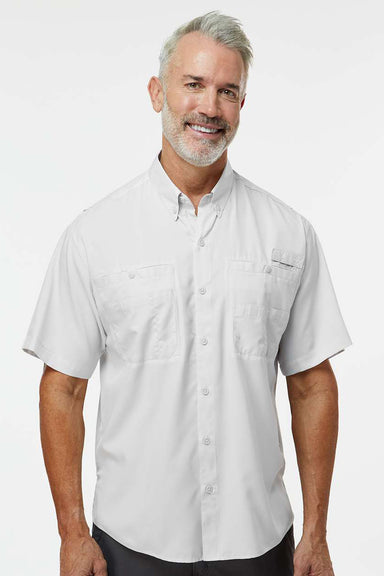 Paragon 700 Mens Hatteras Performance Moisture Wicking Short Sleeve Button Down Shirt w/ Double Pockets Aluminum Grey Model Front