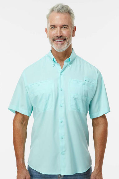 Paragon 700 Mens Hatteras Performance Moisture Wicking Short Sleeve Button Down Shirt w/ Double Pockets Aqua Blue Model Front
