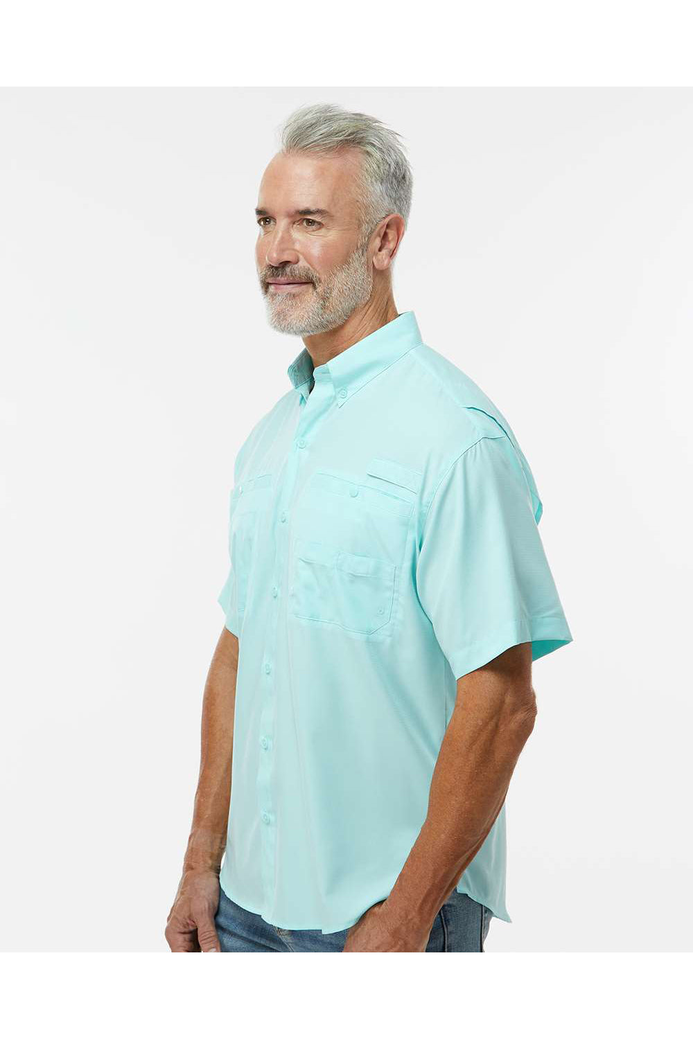 Paragon 700 Mens Hatteras Performance Short Sleeve Button Down Shirt Aqua Blue Model Side