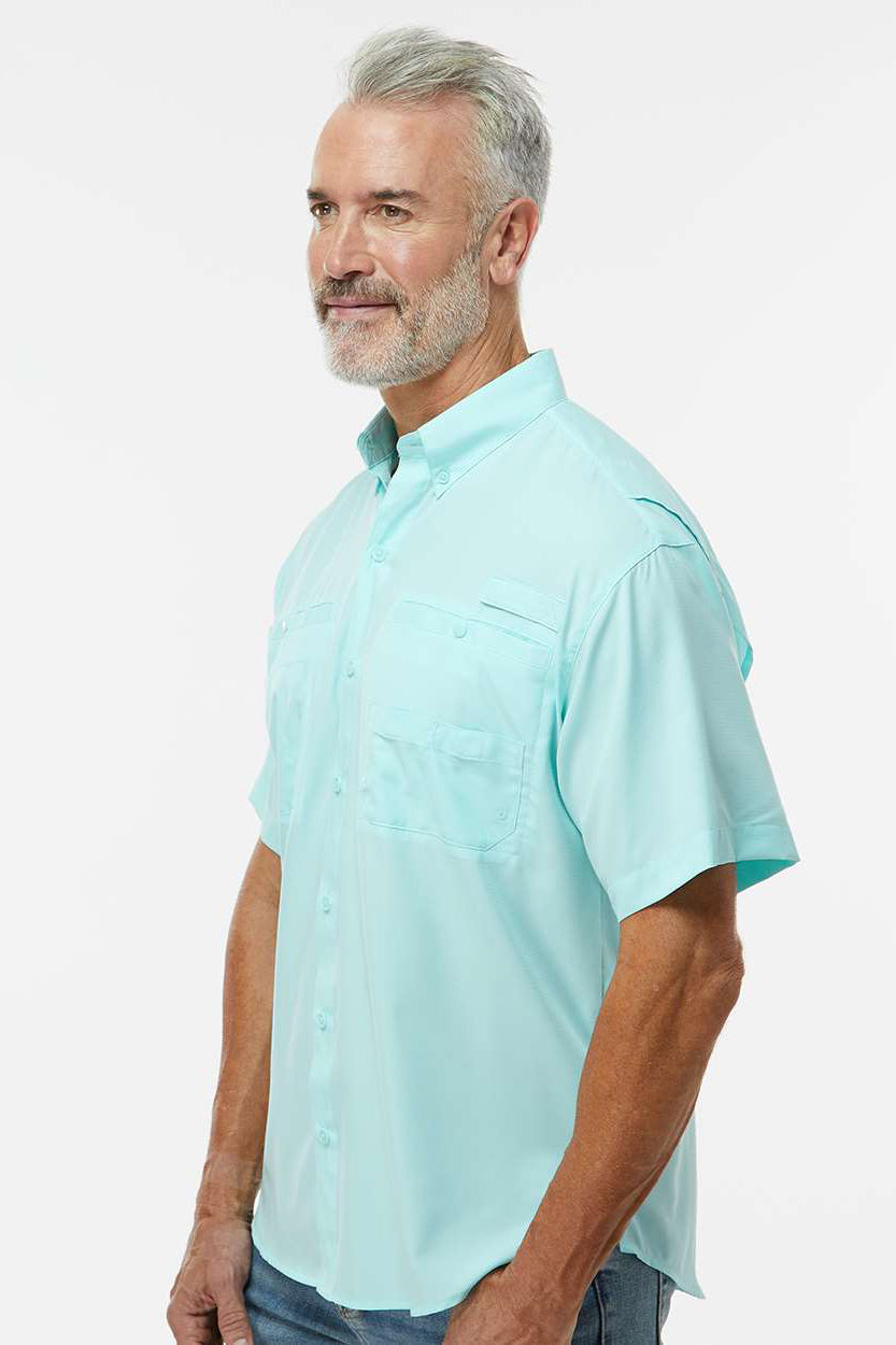 Paragon 700 Mens Hatteras Performance Moisture Wicking Short Sleeve Button Down Shirt w/ Double Pockets Aqua Blue Model Side