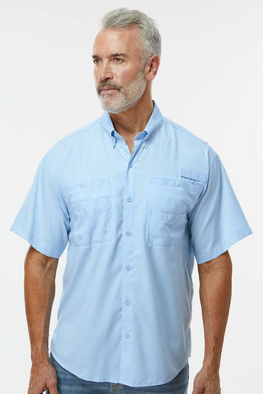 Paragon 700 Mens Hatteras Performance Moisture Wicking Short Sleeve Button Down Shirt w/ Double Pockets Blue Mist Model Front