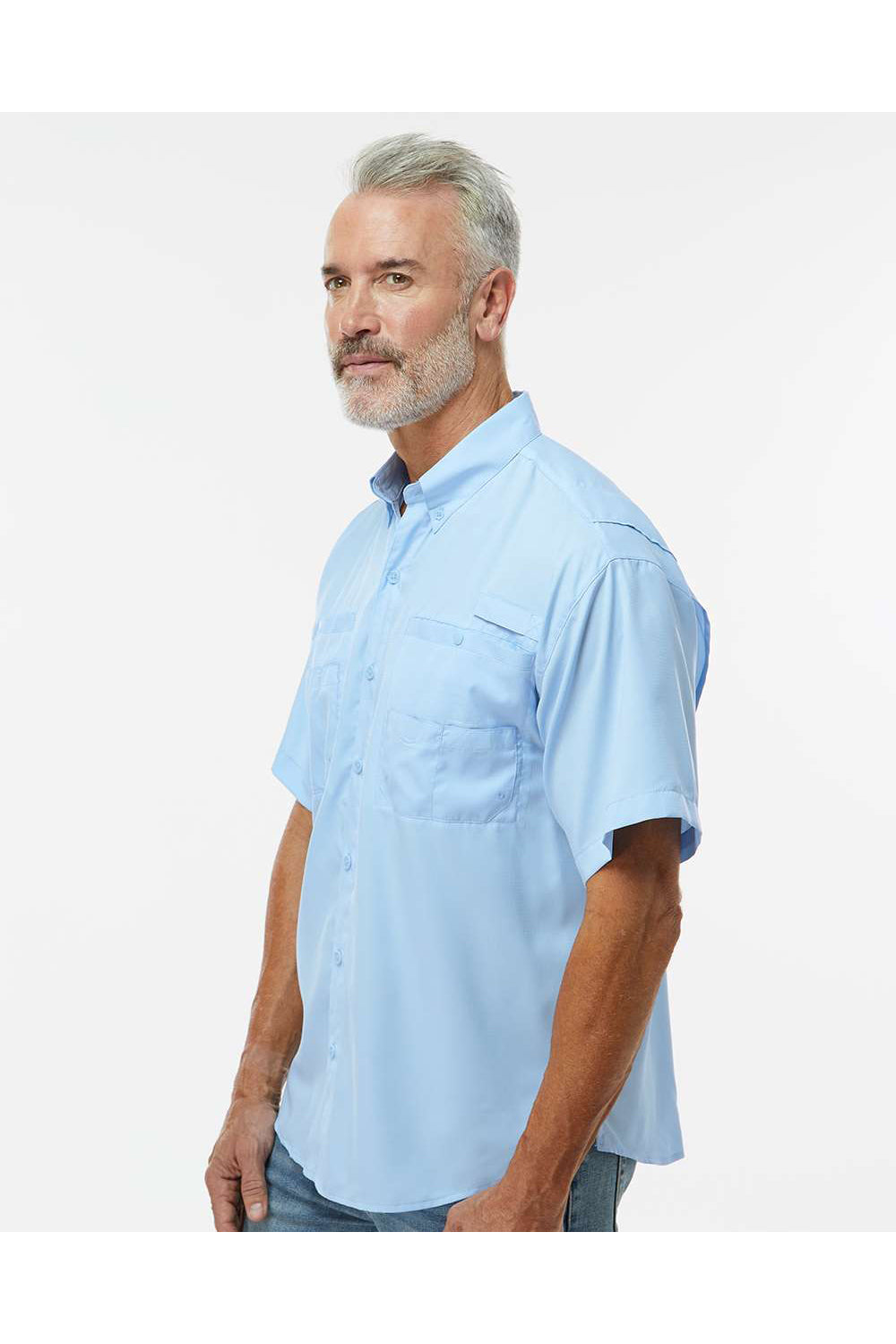 Paragon 700 Mens Hatteras Performance Short Sleeve Button Down Shirt Blue Mist Model Side