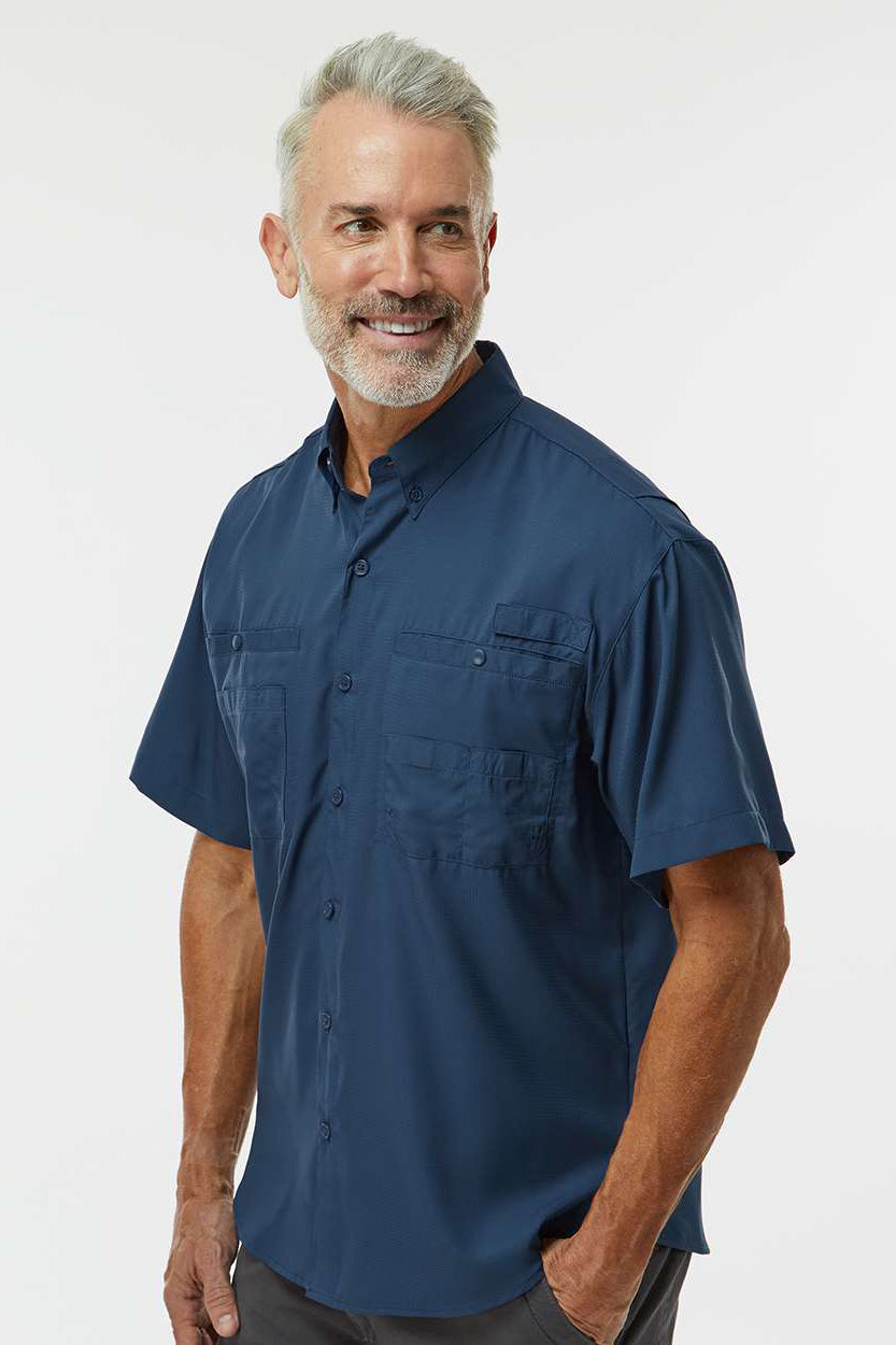 Paragon 700 Mens Hatteras Performance Moisture Wicking Short Sleeve Button Down Shirt w/ Double Pockets Navy Blue Model Side