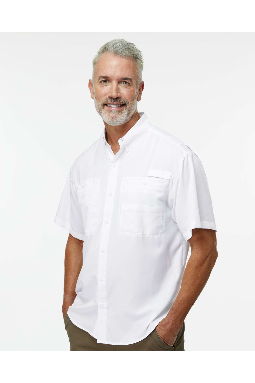 Paragon 700 Mens Hatteras Performance Short Sleeve Button Down Shirt White Model Side