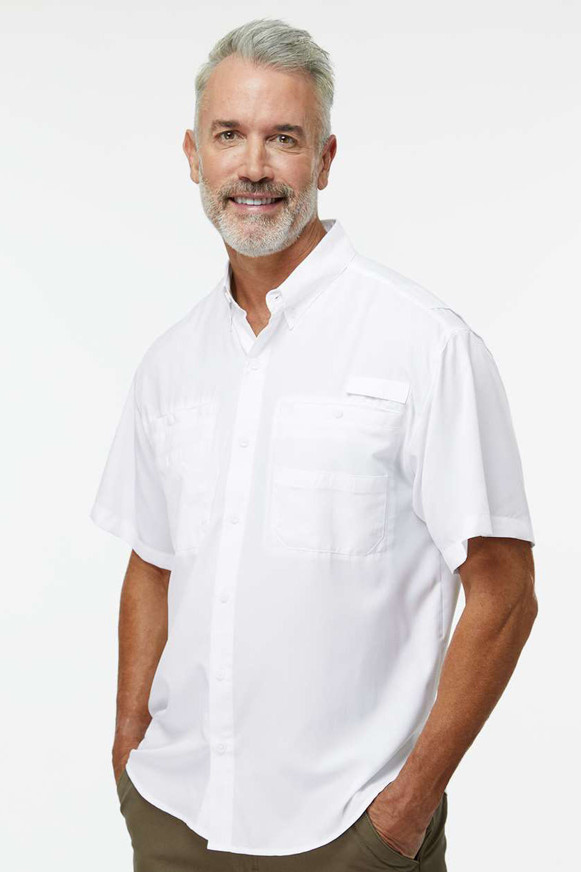 Paragon 700 Mens Hatteras Performance Moisture Wicking Short Sleeve Button Down Shirt w/ Double Pockets White Model Side