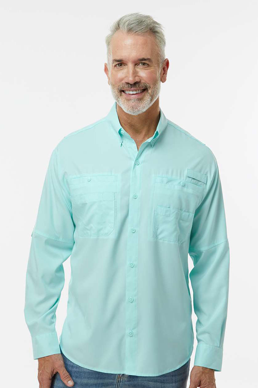 Paragon 702 Mens Kitty Hawk Performance Moisture Wicking Long Sleeve Button Down Shirt w/ Double Pockets Aqua Blue Model Front