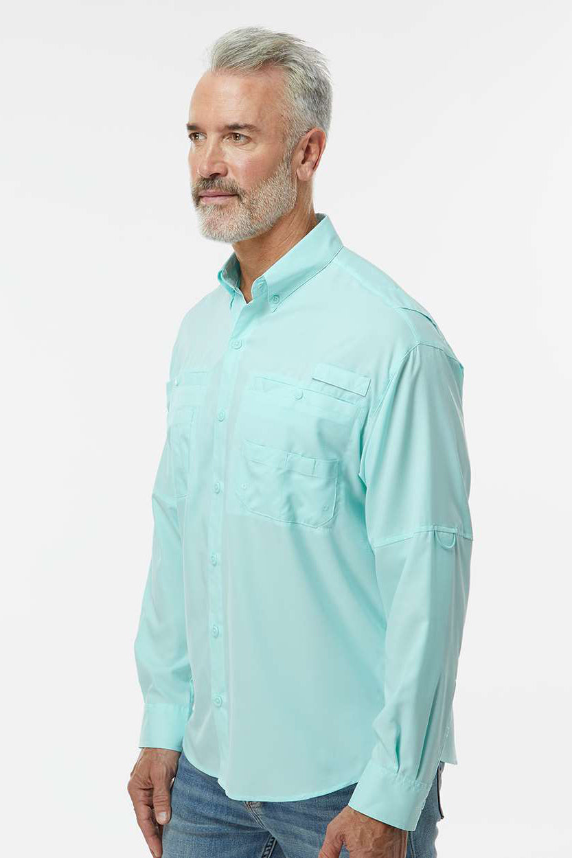 Paragon 702 Mens Kitty Hawk Performance Moisture Wicking Long Sleeve Button Down Shirt w/ Double Pockets Aqua Blue Model Side