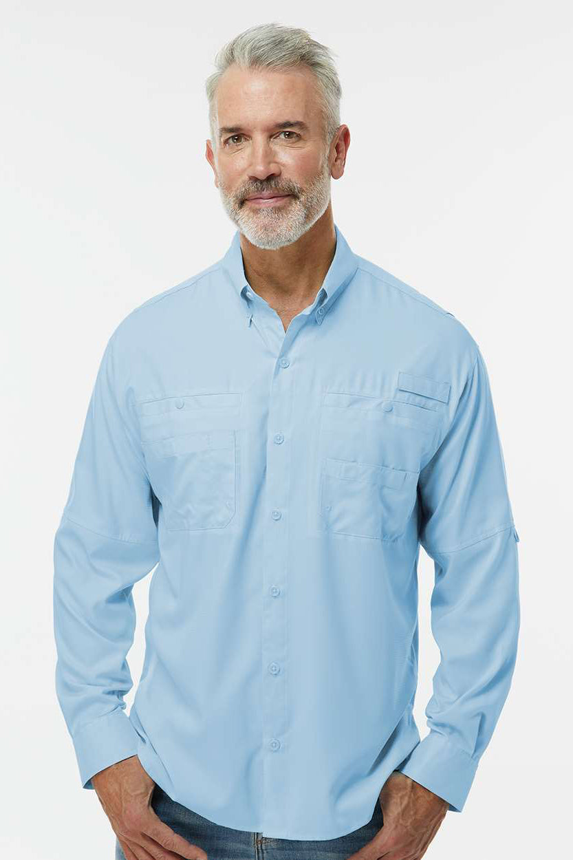 Paragon 702 Mens Kitty Hawk Performance Moisture Wicking Long Sleeve Button Down Shirt w/ Double Pockets Blue Mist Model Front