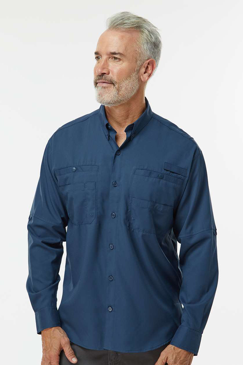 Paragon 702 Mens Kitty Hawk Performance Moisture Wicking Long Sleeve Button Down Shirt w/ Double Pockets Navy Blue Model Front