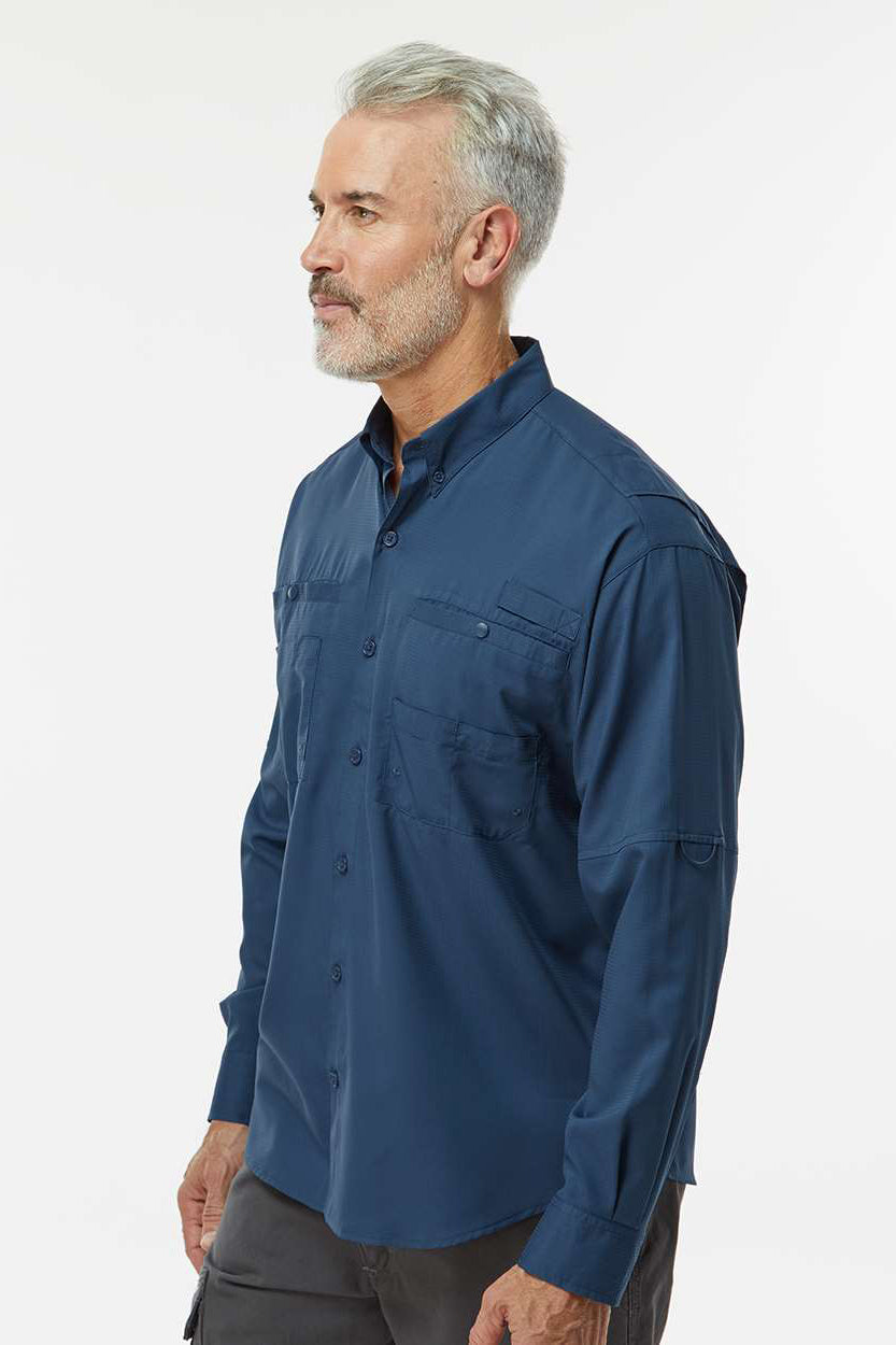 Paragon 702 Mens Kitty Hawk Performance Moisture Wicking Long Sleeve Button Down Shirt w/ Double Pockets Navy Blue Model Side