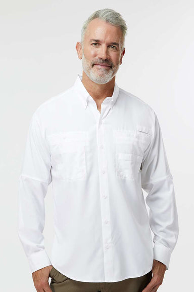 Paragon 702 Mens Kitty Hawk Performance Moisture Wicking Long Sleeve Button Down Shirt w/ Double Pockets White Model Front