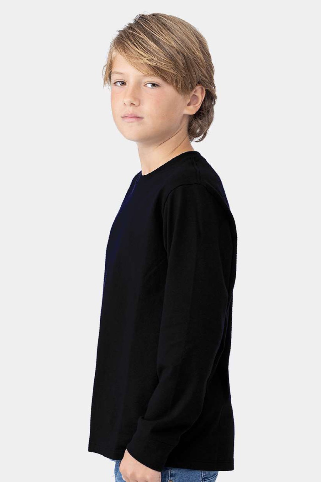 Next Level 3311 Youth Long Sleeve Crewneck T-Shirt Black Model Side