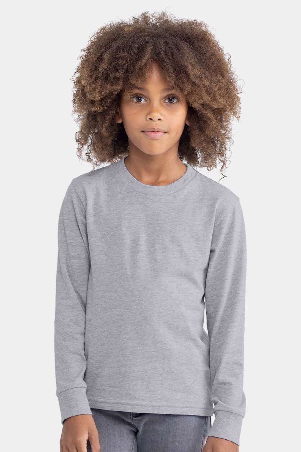 Next Level 3311 Youth Long Sleeve Crewneck T-Shirt Heather Grey Model Front