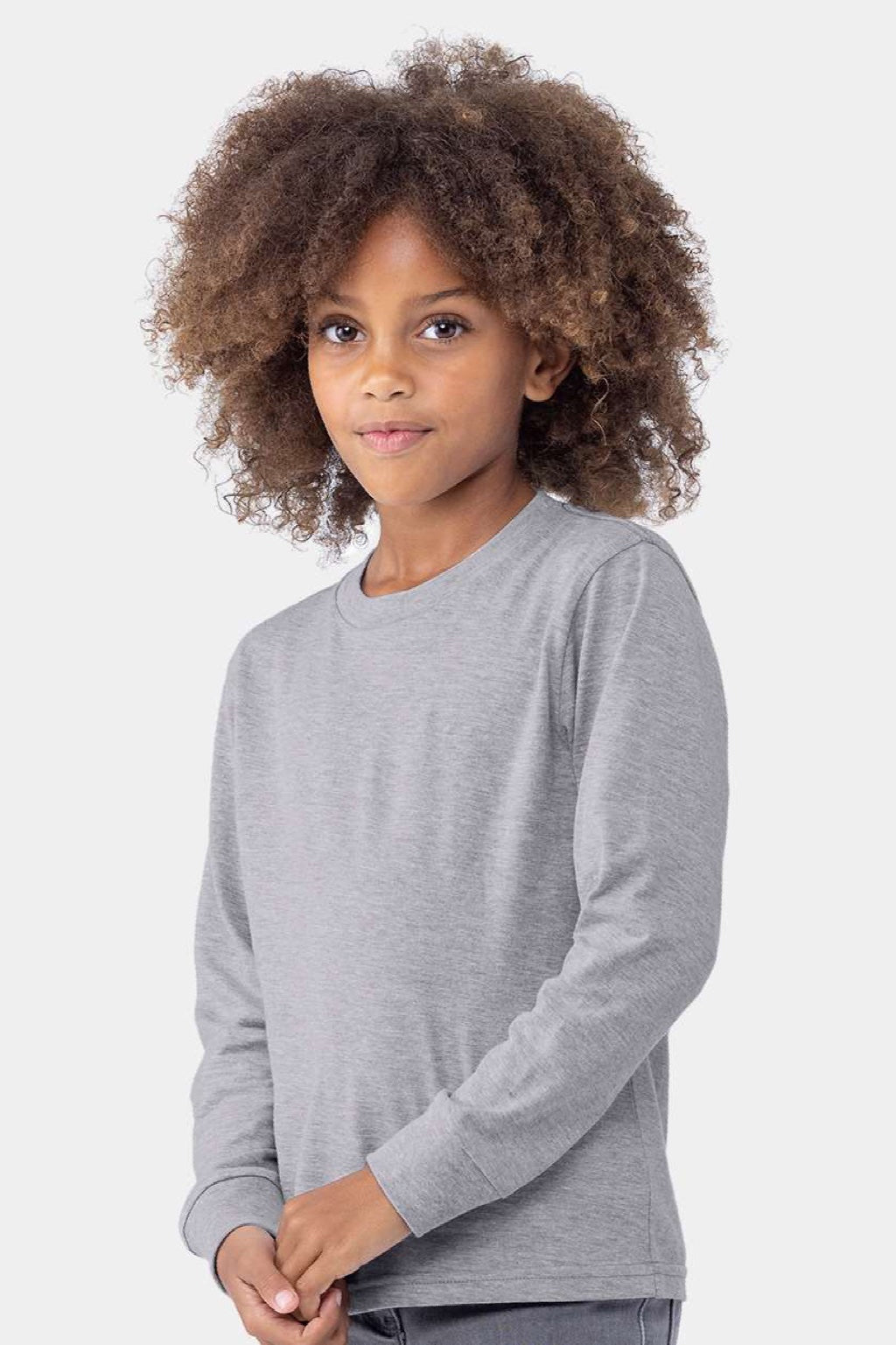 Next Level 3311 Youth Long Sleeve Crewneck T-Shirt Heather Grey Model Side