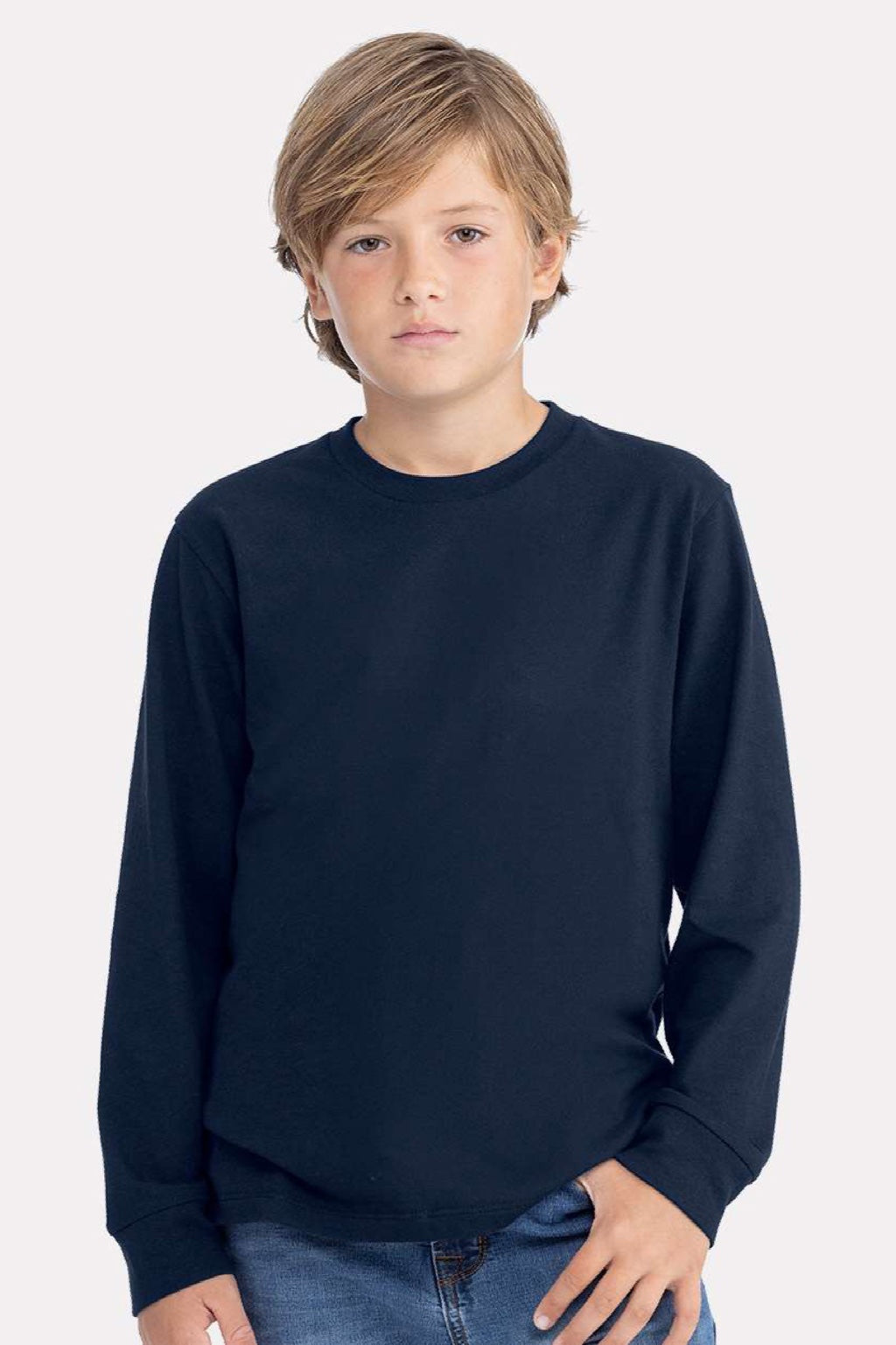 Next Level 3311 Youth Long Sleeve Crewneck T-Shirt Midnight Navy Blue Model Front