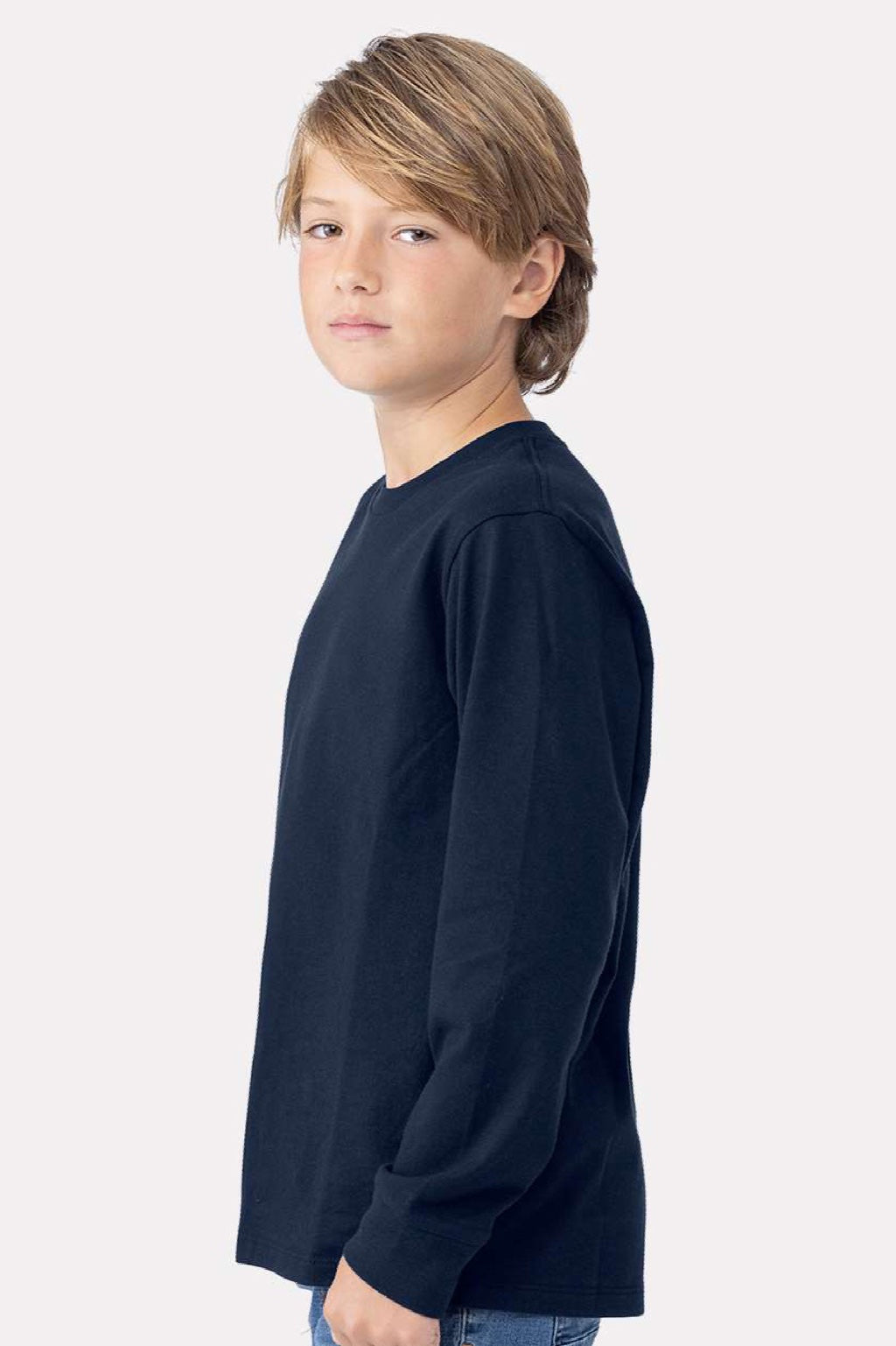 Next Level 3311 Youth Long Sleeve Crewneck T-Shirt Midnight Navy Blue Model Side