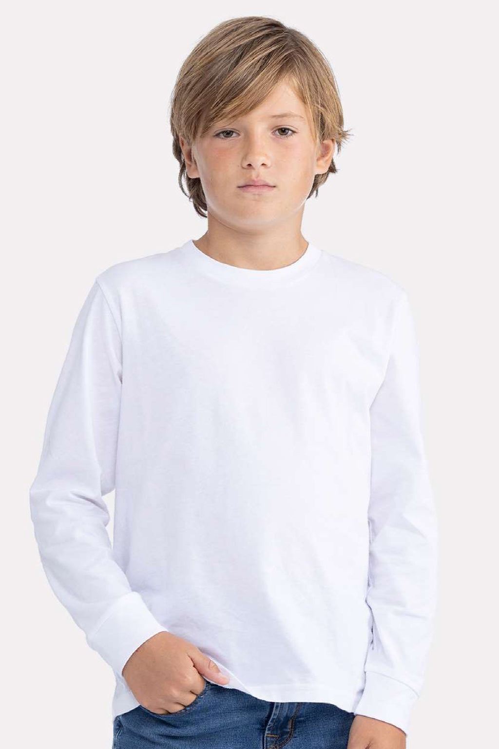 Next Level 3311 Youth Long Sleeve Crewneck T-Shirt White Model Front
