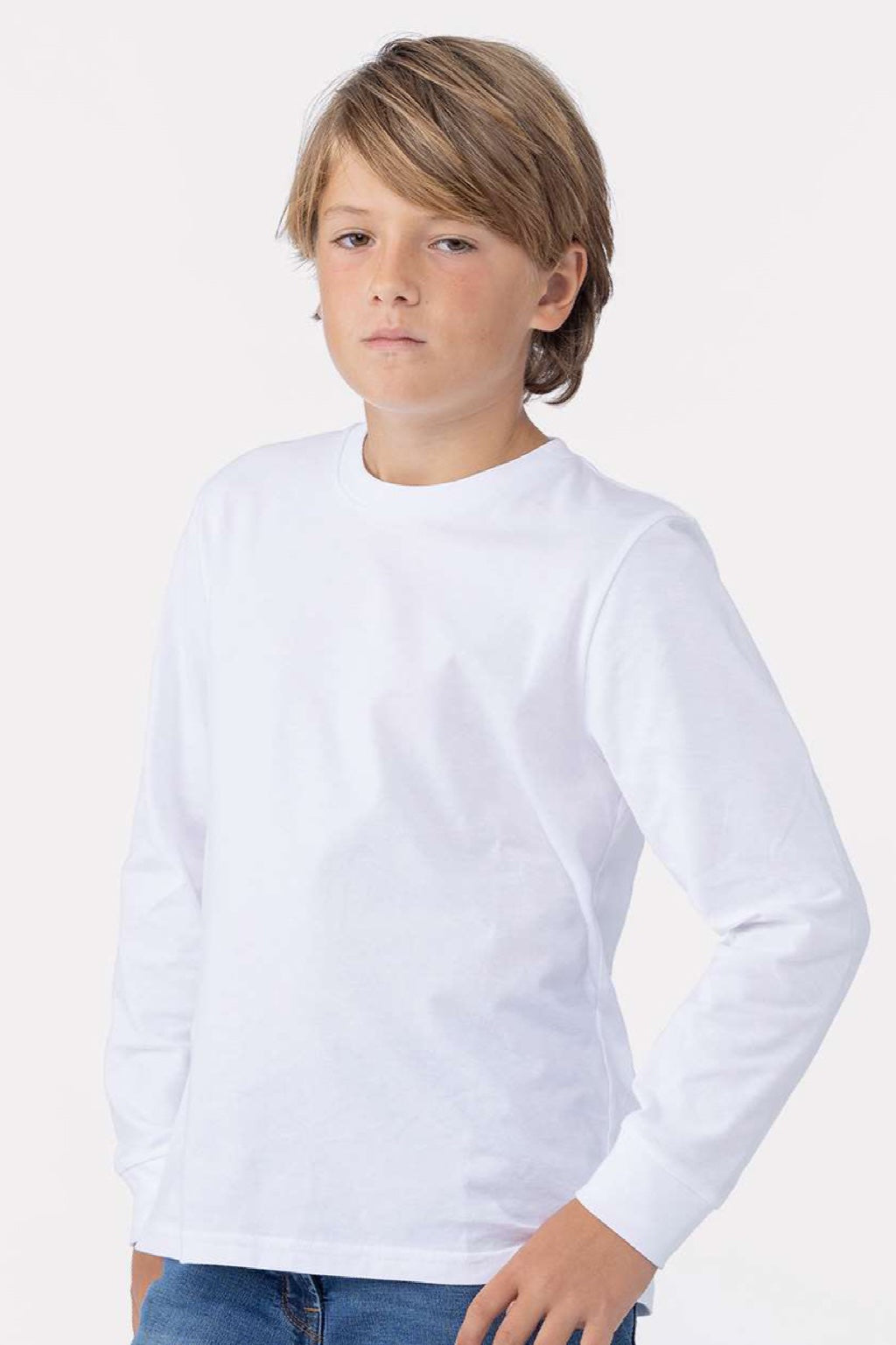 Next Level 3311 Youth Long Sleeve Crewneck T-Shirt White Model Side