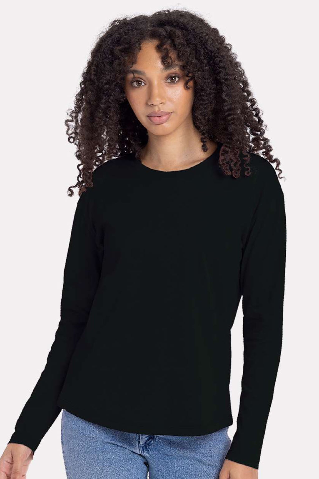 Next Level 3911 Womens Relaxed Long Sleeve Crewneck T-Shirt Black Model Front