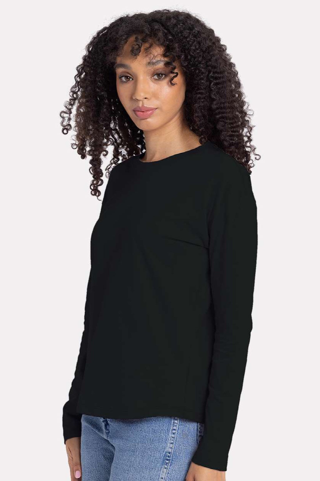 Next Level 3911 Womens Relaxed Long Sleeve Crewneck T-Shirt Black Model Side