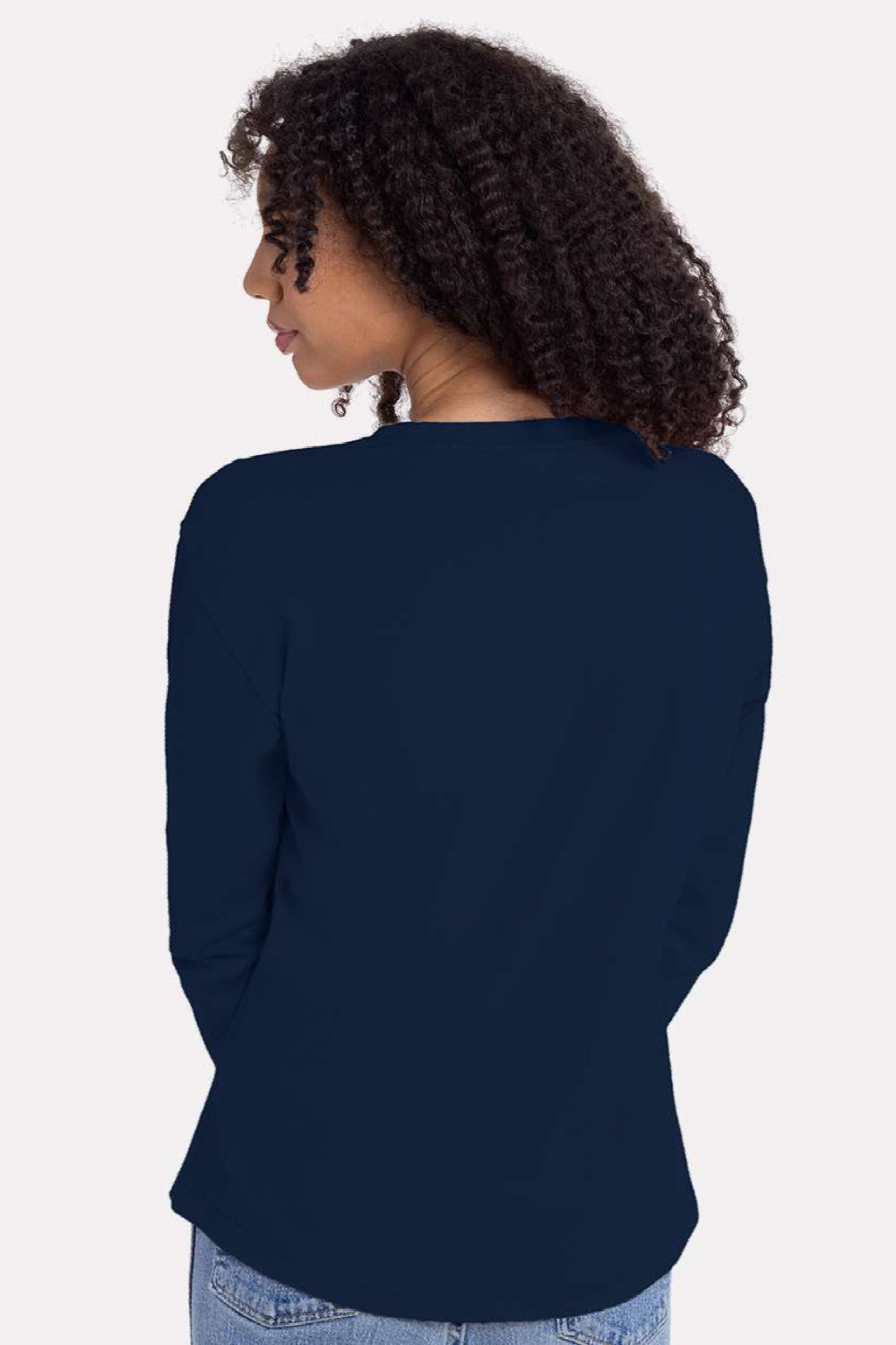 Next Level 3911 Womens Relaxed Long Sleeve Crewneck T-Shirt Midnight Navy Blue Model Back