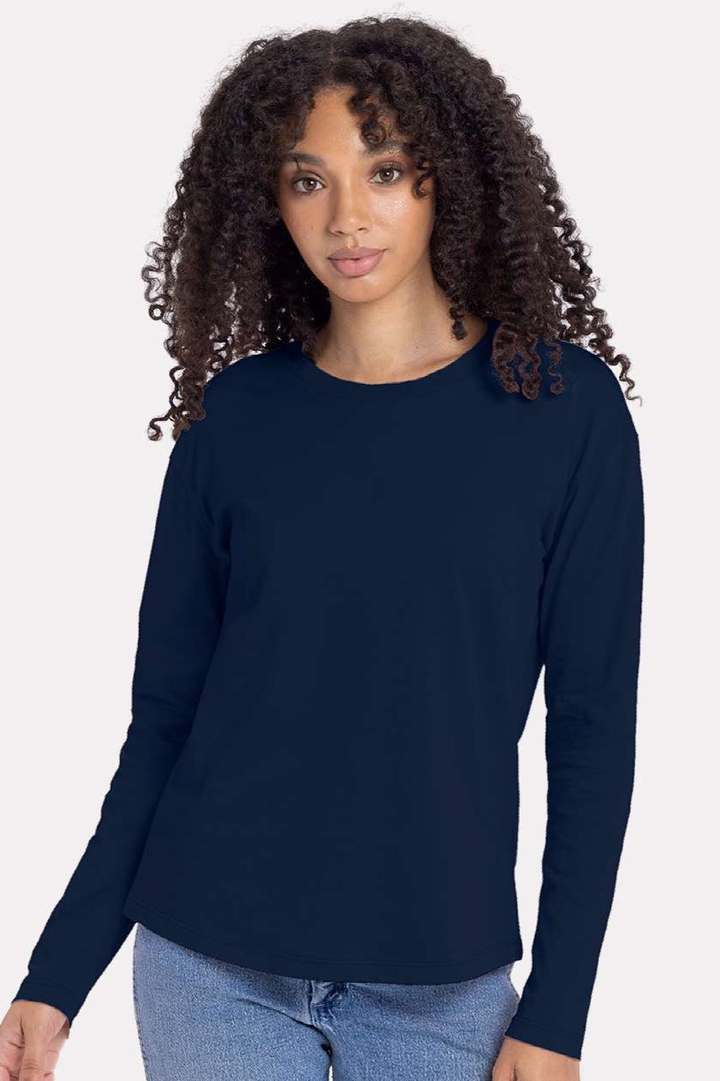 Next Level 3911 Womens Relaxed Long Sleeve Crewneck T-Shirt Midnight Navy Blue Model Front