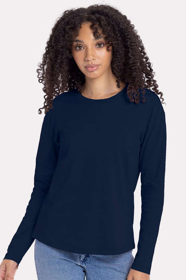 Next Level 3911 Womens Relaxed Long Sleeve Crewneck T-Shirt Midnight Navy Blue Model Front